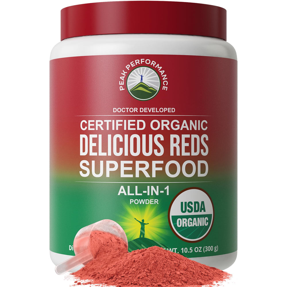 Peak Performance Organic Reds bottle pour boosts daily energy.