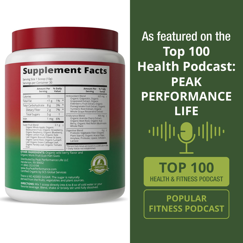 Peak Performance Organic Reds nutrition-label details show clean, plant-based ingredients.