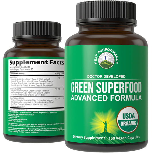 Peak Performance Organic Super Greens bottle front showing 25 organic ingredients for energy support.