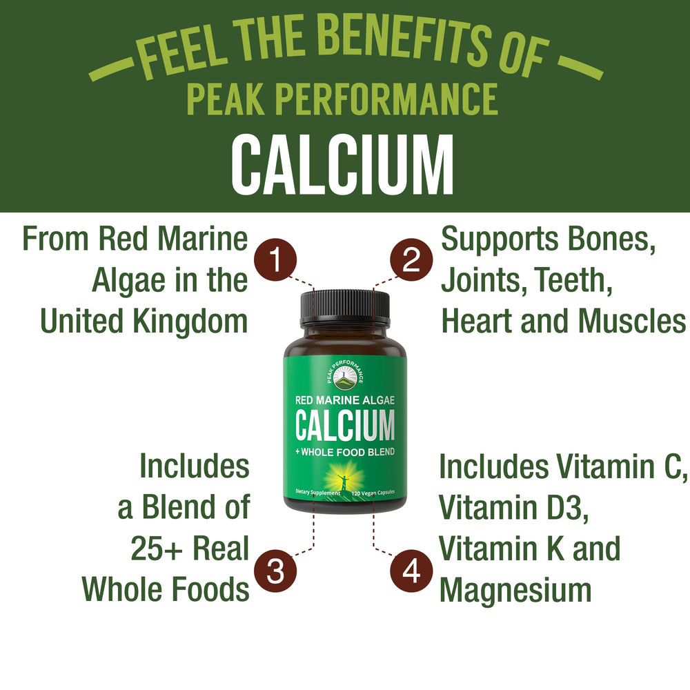Peak Performance calcium bottle cap open shows easy-to-swallow vegan capsules.