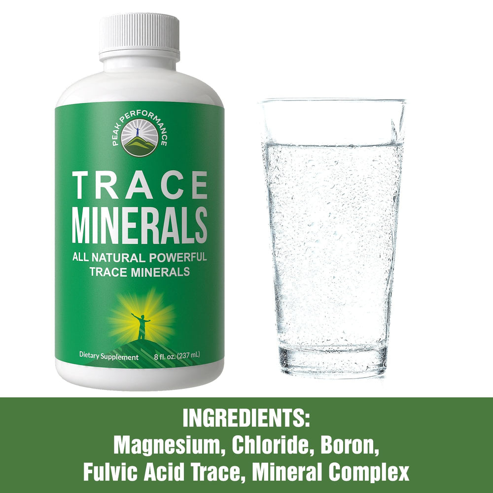 Peak Performance fulvic trace minerals pour shows plant-based mineral support for vitality.