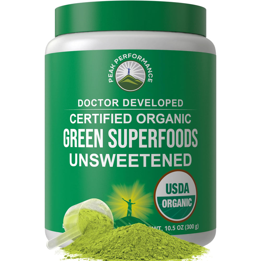 Peak Performance unsweetened greens powder bottle—convenient daily superfood boost for energy and recovery.