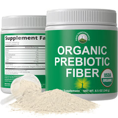 Peak Performance USDA Organic Prebiotic Fiber jar label highlighting organic ingredients for gut health