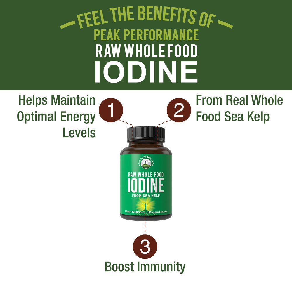 Close-up of Peak Performance vegan iodine capsules for plant-based daily support