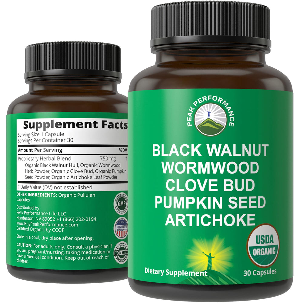 Peak Performance Wormwood Cleanse bottle shows organic ingredients for digestive balance.
