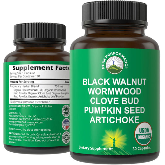 Peak Performance Wormwood Cleanse bottle shows organic ingredients for digestive balance.