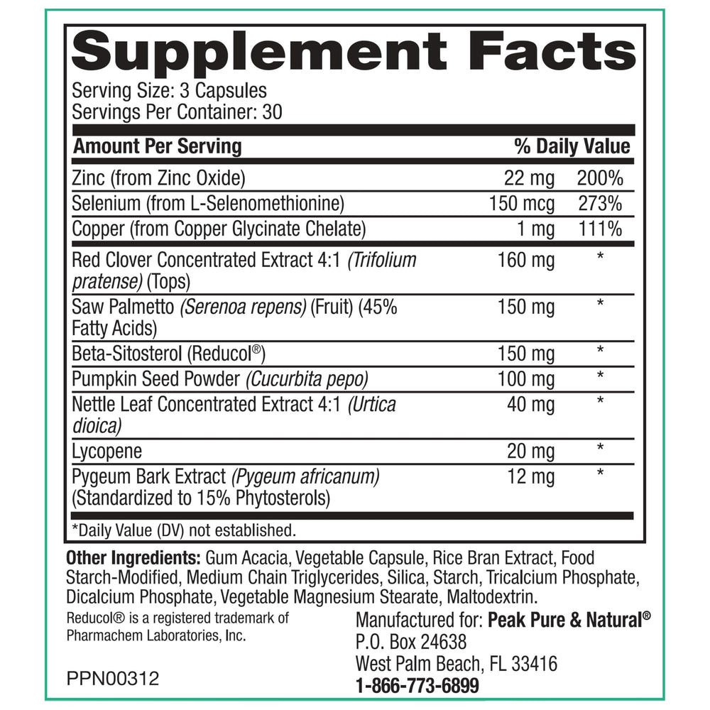 Peak Prostate Support label close-up showcasing natural ingredients like saw palmetto and lycopene.