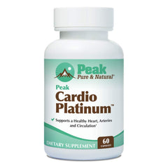 Peak Pure & Natural Peak Cardio Platinum bottle highlights heart support ingredients for healthy circulation.