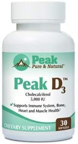 Peak Pure & Natural Peak D3 bottle with 30 capsules for daily immune support.