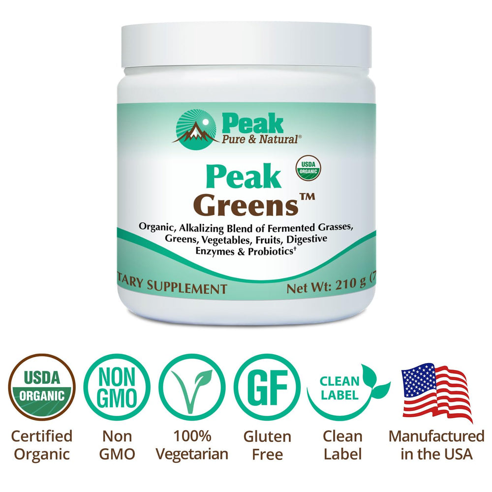 Peak Greens probiotic digestive enzymes image supports gut flora and digestion.