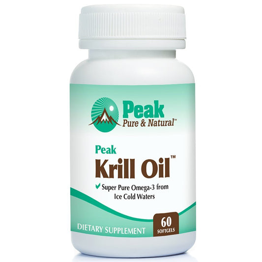 Peak Pure & Natural Peak Krill Oil bottle with easy-to-swallow softgels for daily support.