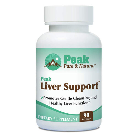 Peak Pure and Natural Peak Liver Support bottle front highlights label for liver health support.