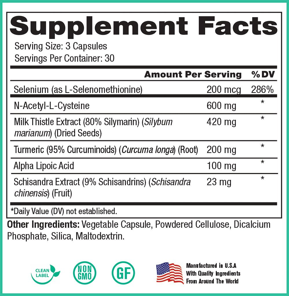 Peak Pure and Natural Peak Liver Support capsules closeup emphasizes milk thistle and detox-friendly ingredients.