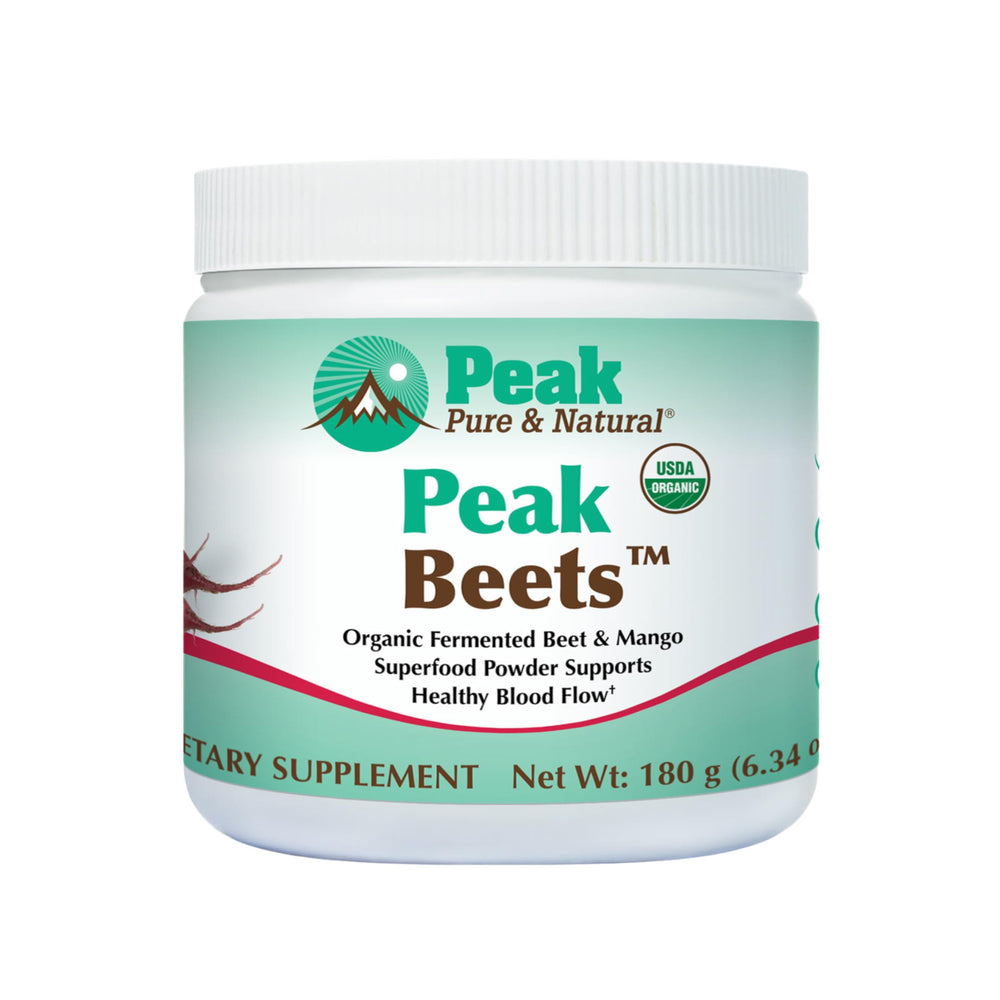 Peak Pure & Natural Peak Organic Fermented Beets canister displayed for daily nitrate support.