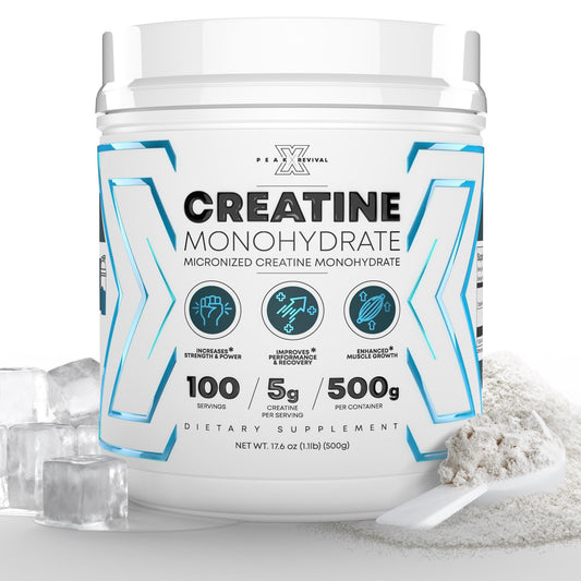 Peak Revival-X creatine powder bottle front, ready for workouts and easy to mix.