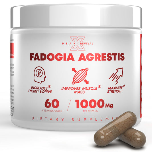 Peak Revival-X Fadogia 1000mg bottle-front showing energy-supporting serving.