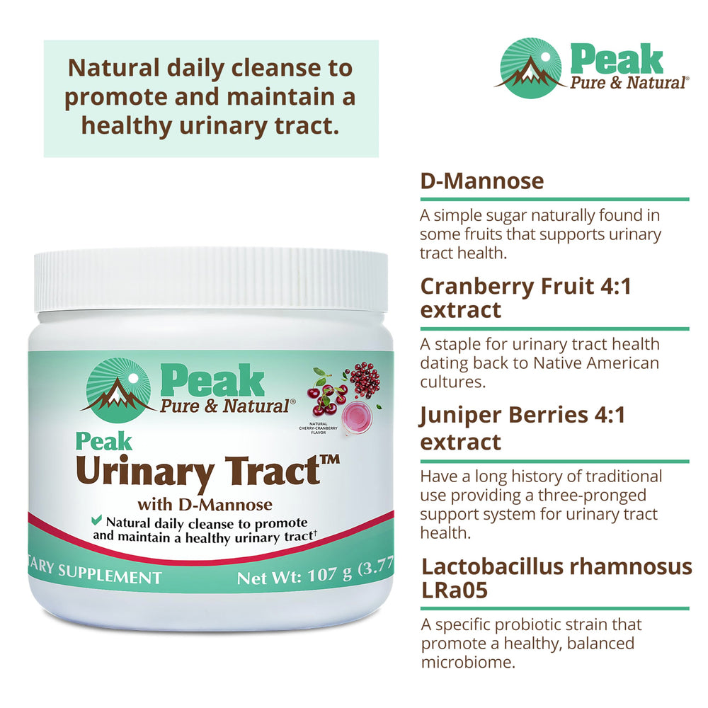 Peak Urinary Tract Powder showing probiotic LRa05 for microbiome balance