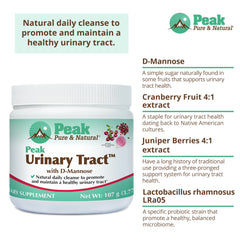 Peak Urinary Tract Powder showing probiotic LRa05 for microbiome balance