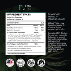 Peak Vitals DHT Blocker capsules close-up ready to take daily