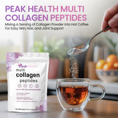 Coffee cup with Peakhealth collagen powder blended for a smooth boost
