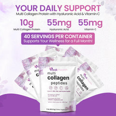 Peakhealth label highlighting hyaluronic acid and vitamin C ingredients