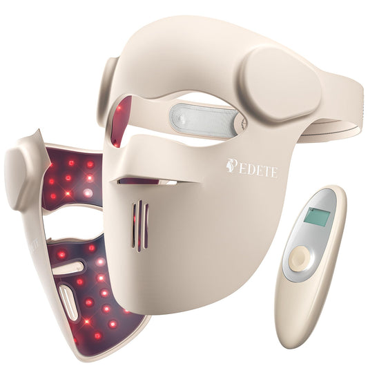 Pedete red light mask showing 9 modes for at-home skin therapy options.