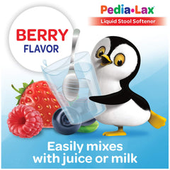Pedia-Lax berry flavored liquid bottle label highlighting kid-friendly flavor
