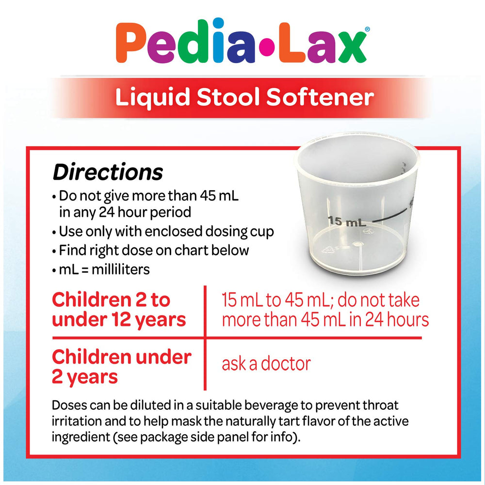 Pedia-Lax bottle with measuring cup on table supporting gentle, gradual relief