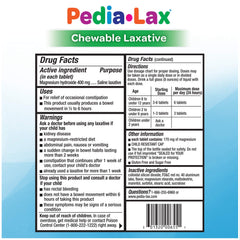 Pedia-Lax packaging with dosage instructions symbol highlighting safety.