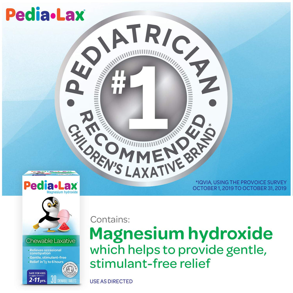 A child taking a Pedia-Lax watermelon chewable for relief.