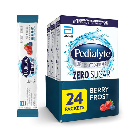 Pedialyte Berry Frost powder pack ready to dissolve for refreshing hydration.