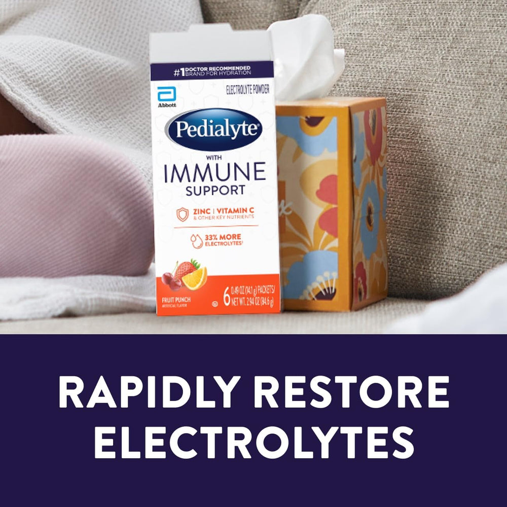 Pedialyte Immune Support rapid electrolyte replacement for faster recovery.