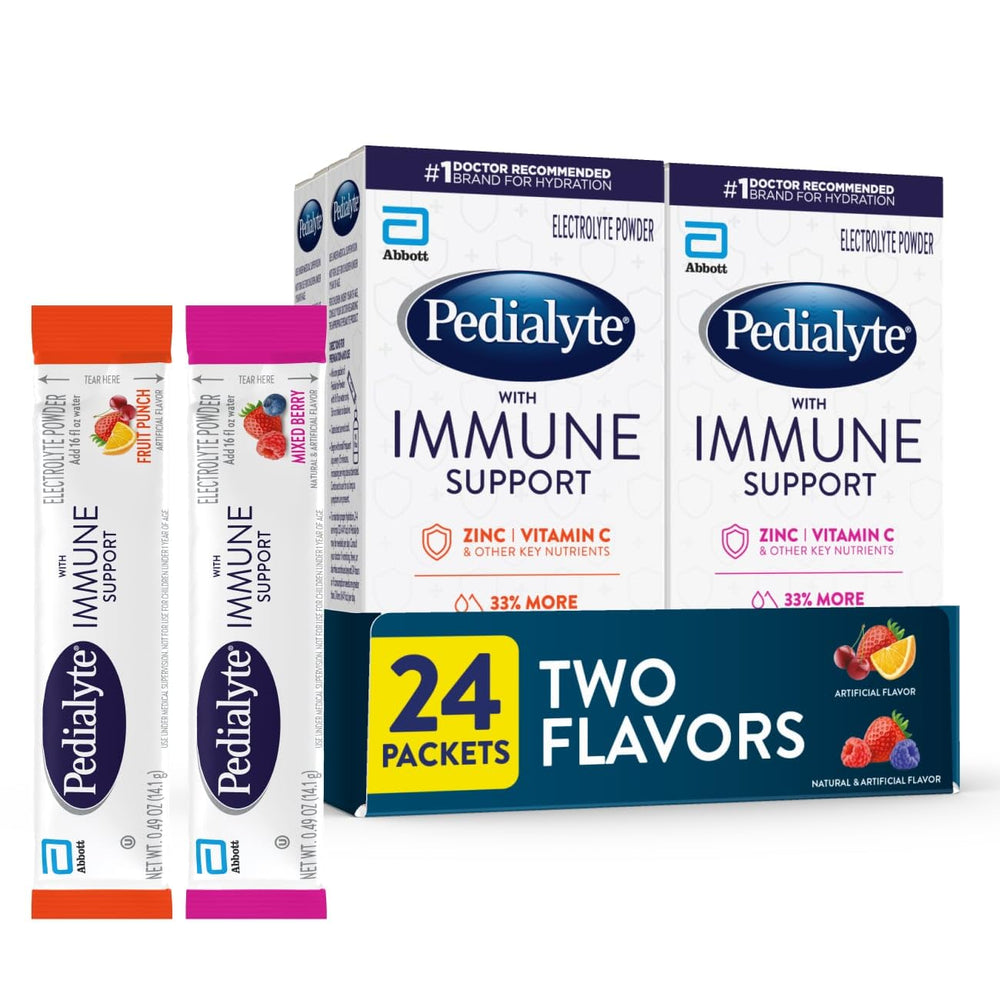 Pedialyte Immune Support Fruit Punch packets for on-the-go hydration.
