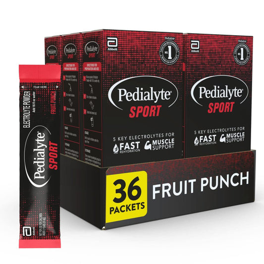 Pedialyte Sport Fruit Punch powder packet for fast on-the-go hydration.