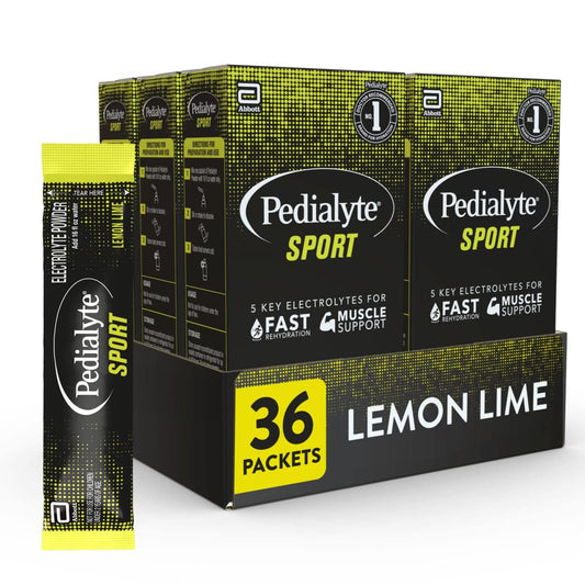 Pedialyte Sport Lemon Lime powder packet closeup for quick hydration after workouts.