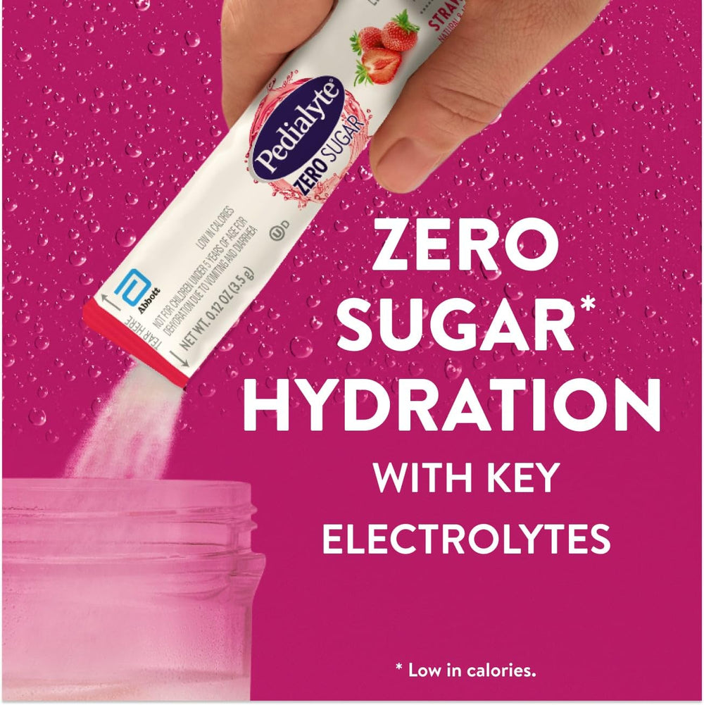 Pedialyte zero sugar mix in strawberry flavor ideal for rehydration after activity