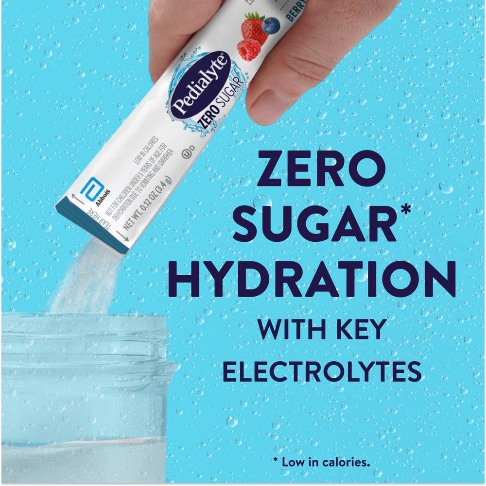 Pedialyte Strawberry powder pack ready to blend into low-calorie hydration.