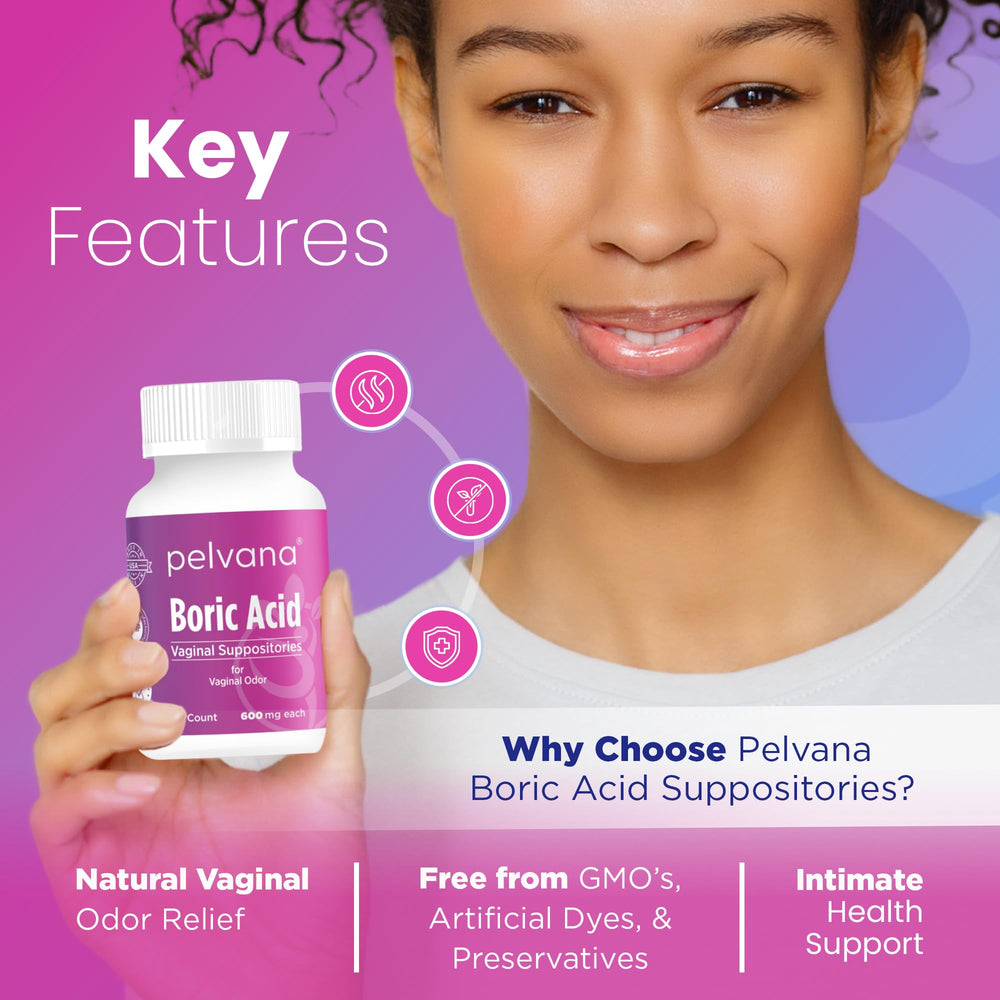 Pelvana boric acid suppositories applicators, easy nightly insertion.