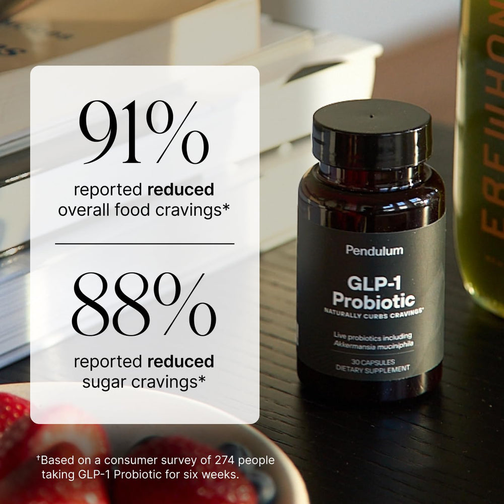 Pendulum GLP-1 Probiotic capsules close-up showing small, easy-to-swallow pills