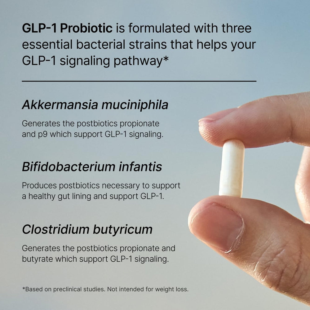 Pendulum GLP-1 Probiotic label design highlighting Akkermansia strains for gut health