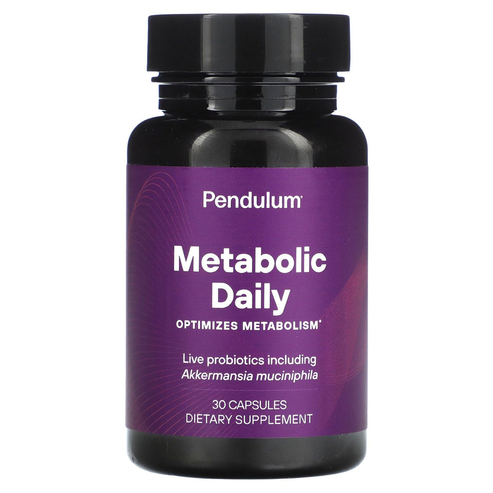 Pendulum Metabolic Daily bottle with label showing probiotic formula for energy support