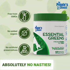 Detail of the Essential Greens Powder label highlighting organic moringa and spirulina.