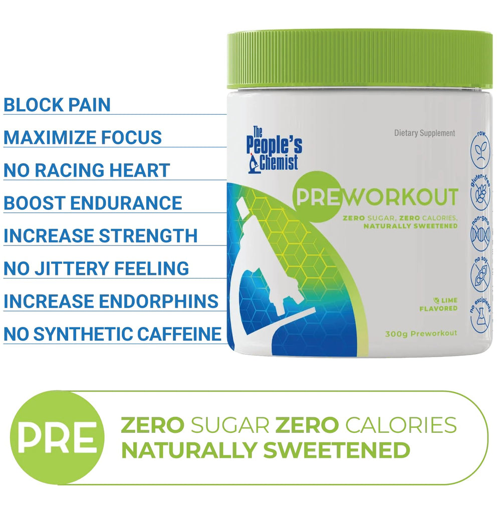 People's Chemist The Pre-Workout Lime serving container depicts convenient mix on the go