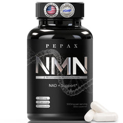 PEPAX NMN bottle front with capsules supports daily energy and healthy aging.