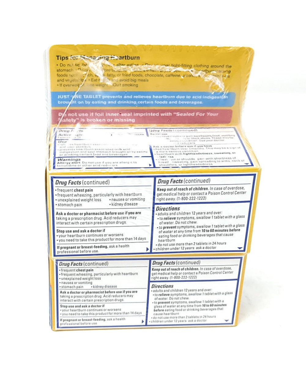 Pepcid AC tablet close-up emphasizing quick prevention when taken before eating.