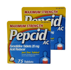 Pepcid AC double-pack boxes on a countertop for on-the-go heartburn relief.