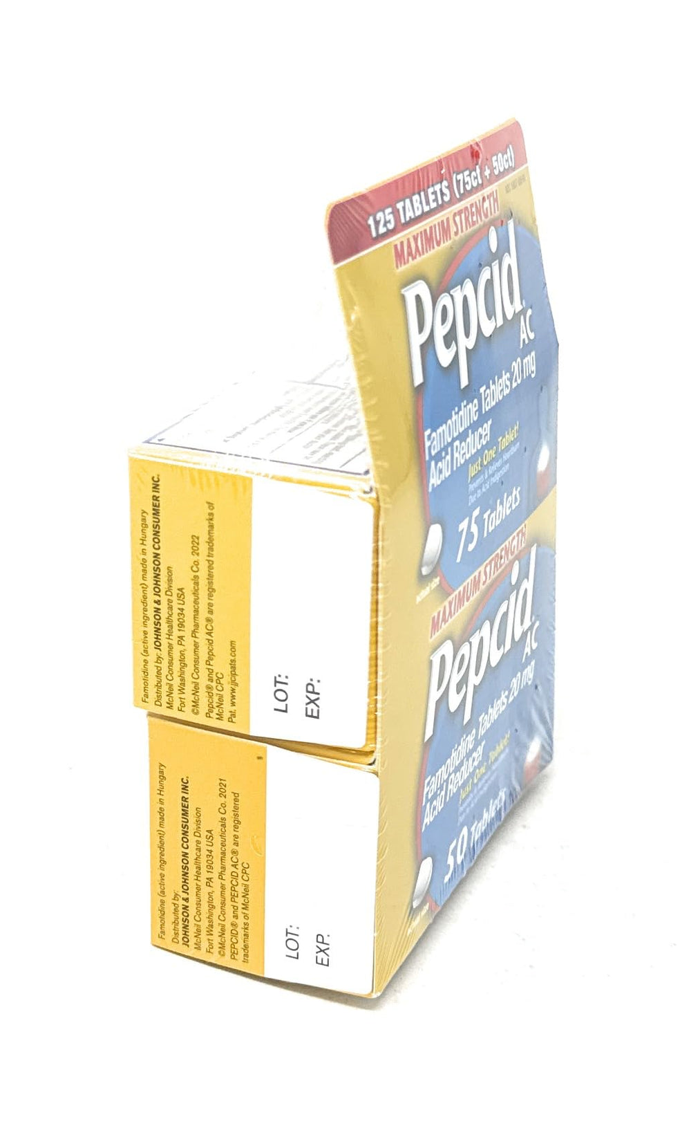 Pepcid AC bottle close-up highlighting 20 mg famotidine for acid reduction after meals.