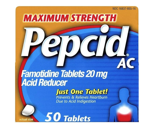 Pepcid AC maximum strength tablets front of package for fast heartburn relief