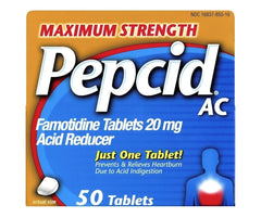 Pepcid AC maximum strength tablets front of package for fast heartburn relief
