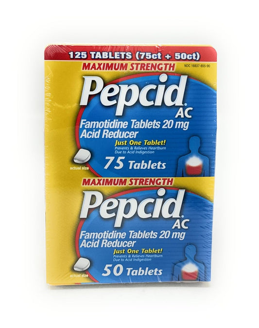 Pepcid AC packaging in a portable box for fast-acting heartburn relief on the go.